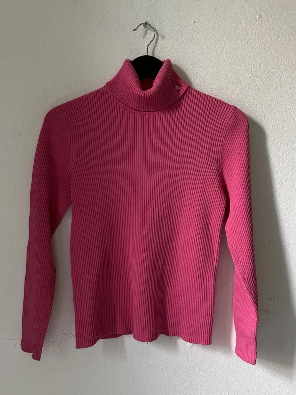Vintage Lauren Ralph Lauren Ribbed Turtleneck Sweater M Hot Pink Cotton Y2K